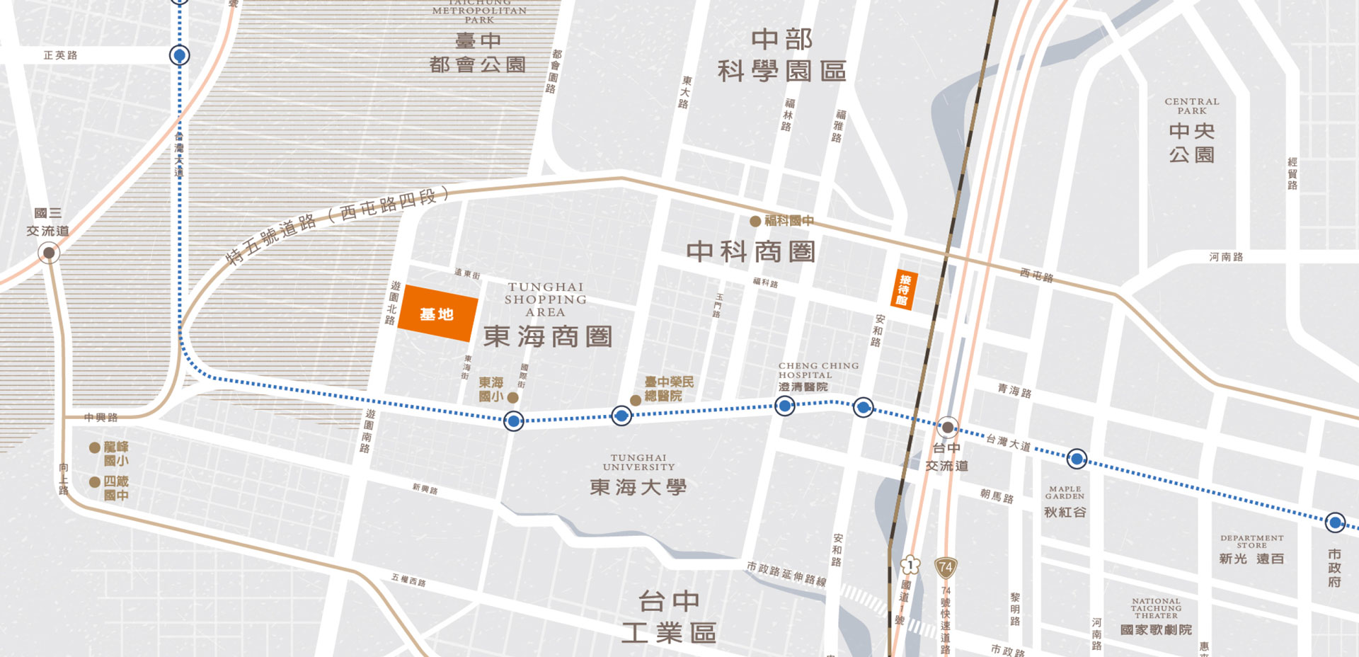 基地區位地圖，標示中科園區、東海大學與周邊主要道路