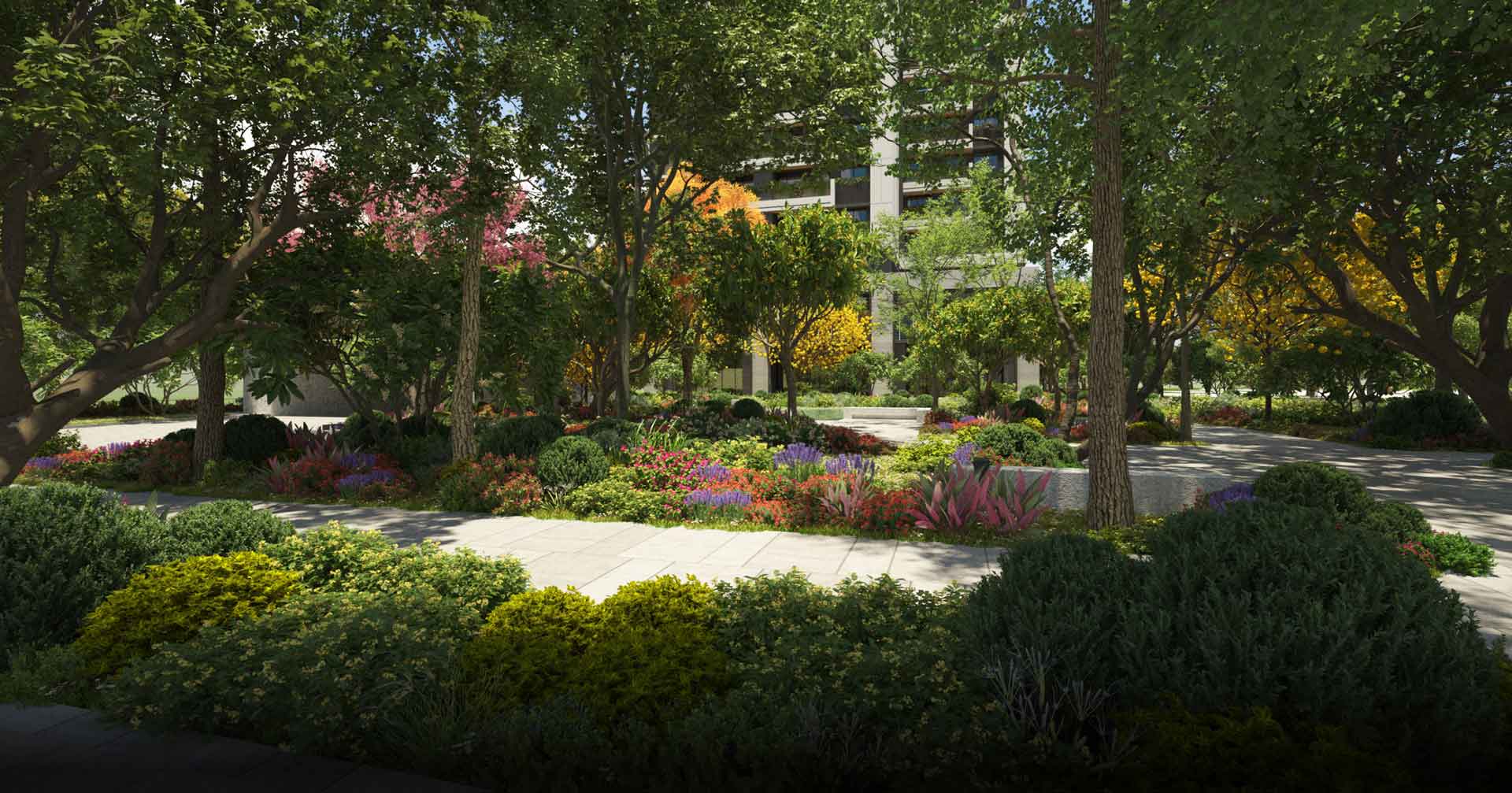 中庭花園的步道與植栽 3D 示意圖